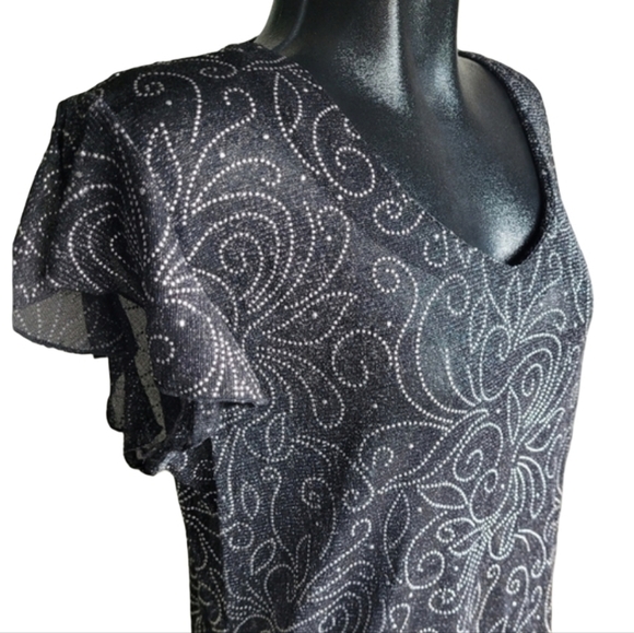 Champagne Black Sheer Silver Dot Patterned Short Sleeve Top L - Picture 5 of 7